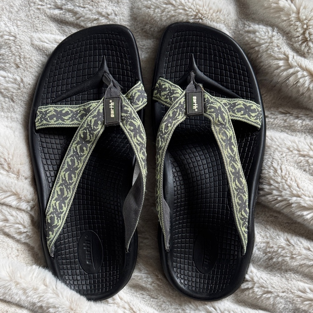 Earth Black Footbed Flip Flops with Olive Patterned Straps